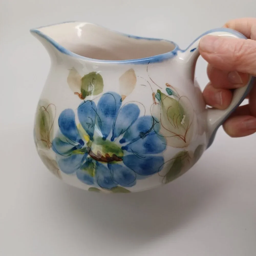 Blue Floral Pitcher Made In Portugal Secla Vintage Flower Leaf Print Wide Mouth‎